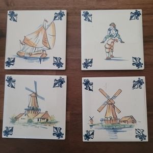 Set of Four Vintage Ceramic KLM Business Class Tiles 1980s Delft